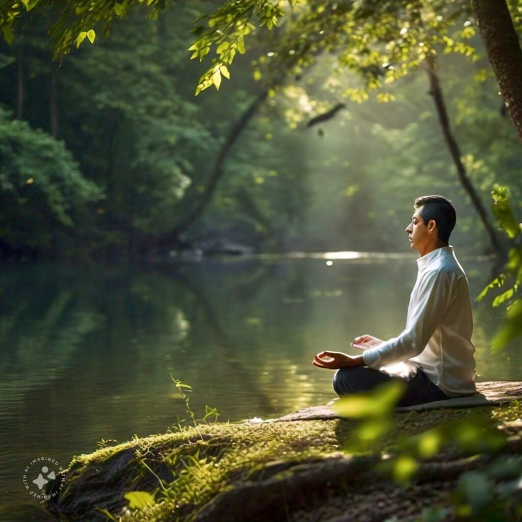 a person meditating peacefull beside a lake managing anxiety without medication