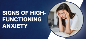 Banner about signs of high-functioning anxiety featuring a distressed woman in a circular photo on the right against a blue background.